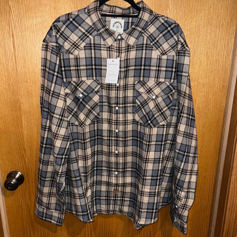 Dubinik Western Shirt Mens 2XL Tan Blue Plaid NWT Pearl Snap Flannel Long Sleeve